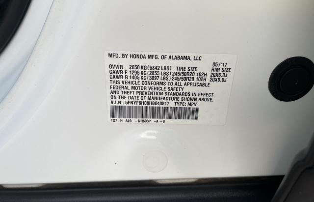 Photo 10 from auction – 2017 HONDA PILOT ELIT with VIN 5FNYF6H08HB040817