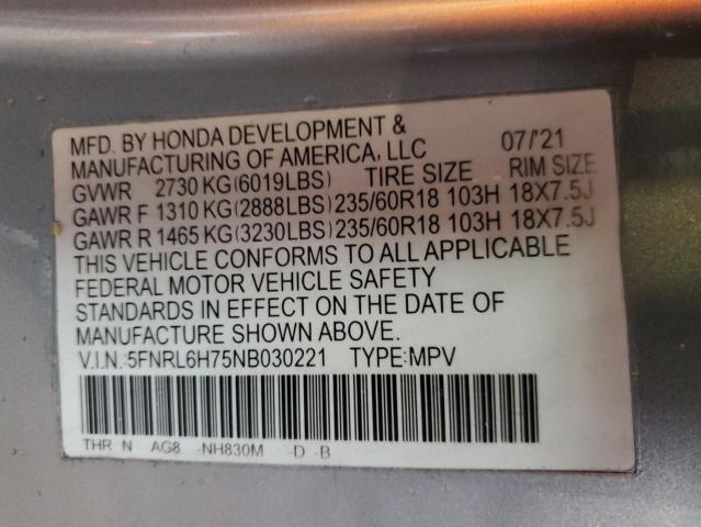 Photo 14 from auction – 2022 HONDA ODYSSEY EX with VIN 5FNRL6H75NB030221
