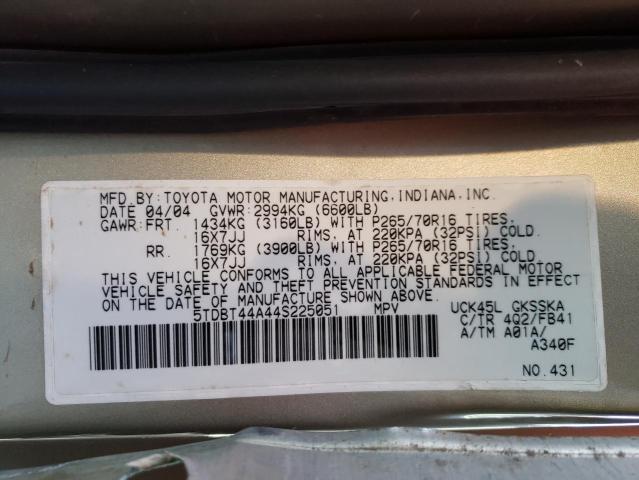 Photo 14 from auction – 2004 TOYOTA SEQOUIA with VIN 5TDBT44A44S225051