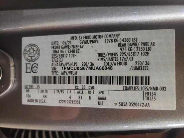 Photo 14 from auction – 2021 FORD ESCAPE SE with VIN 1FMCU0G67MUA66048