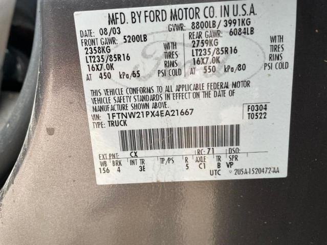 Photo 10 from auction – 2004 FORD F250 SUPER with VIN 1FTNW21PX4EA21667