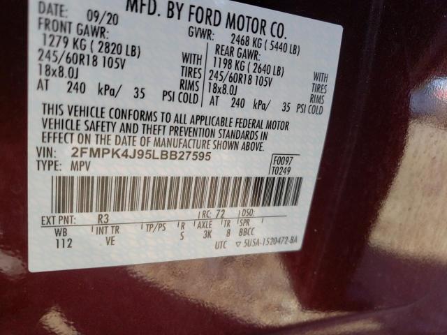 Photo 14 from auction – 2020 FORD EDGE SEL with VIN 2FMPK4J95LBB27595