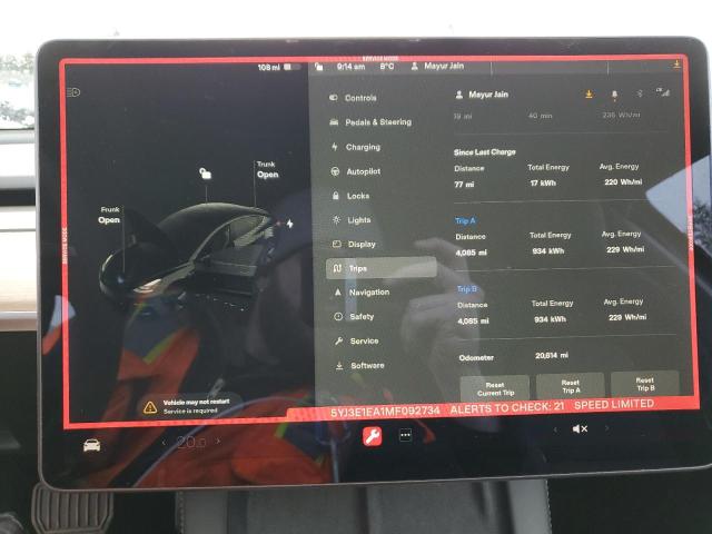 Photo 9 from auction – 2021 TESLA MODEL 3 with VIN 5YJ3E1EA1MF092734