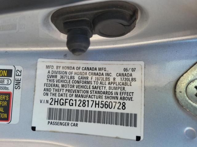 Photo 10 from auction – 2007 HONDA CIVIC EX with VIN 2HGFG12817H560728