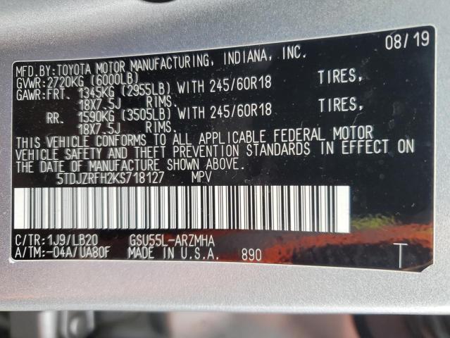 Photo 14 from auction – 2019 TOYOTA HIGHLANDER with VIN 5TDJZRFH2KS718127
