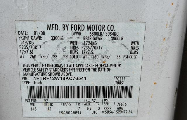 Photo 10 from auction – 2008 FORD F150 with VIN 1FTRF12W18KC76541