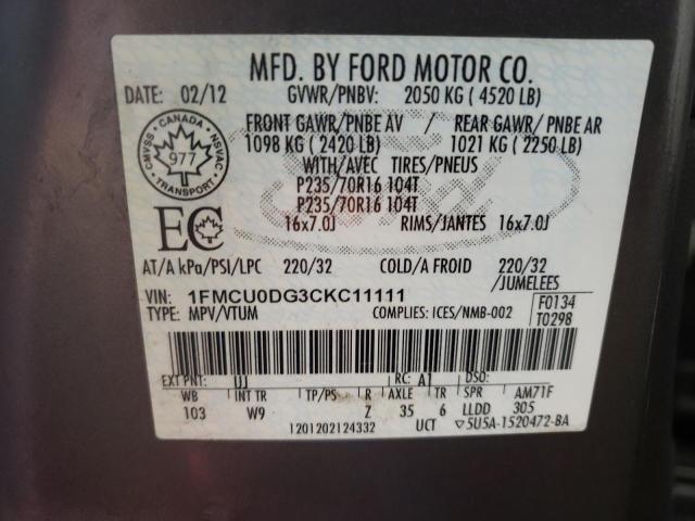 Photo 14 from auction – 2012 FORD ESCAPE XLT with VIN 1FMCU0DG3CKC11111
