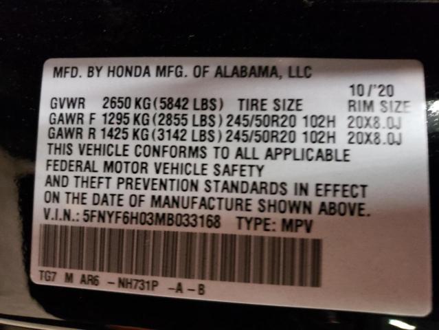Photo 14 from auction – 2021 HONDA PILOT ELIT with VIN 5FNYF6H03MB033168