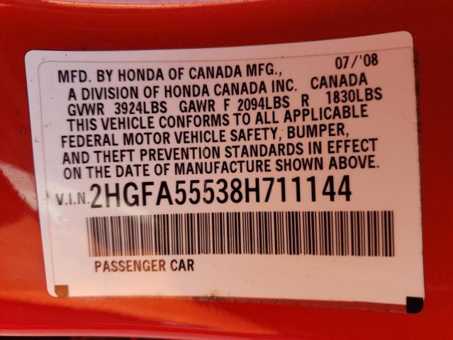 Photo 14 from auction – 2008 HONDA CIVIC SI with VIN 2HGFA55538H711144