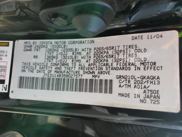 Photo 14 from auction – 2005 TOYOTA 4RUNNER SR with VIN JTEZU14R358027577