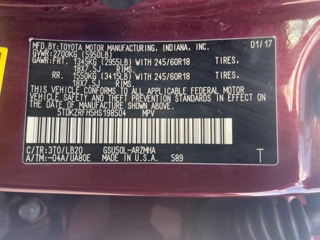 Photo 10 from auction – 2017 TOYOTA HIGHLANDER with VIN 5TDKZRFH5HS198504