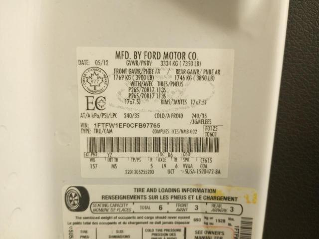 Photo 10 from auction – 2012 FORD F150 SUPER with VIN 1FTFW1EF0CFB97765