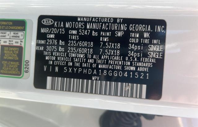 Photo 10 from auction – 2016 KIA SORENTO EX with VIN 5XYPHDA18GG041521
