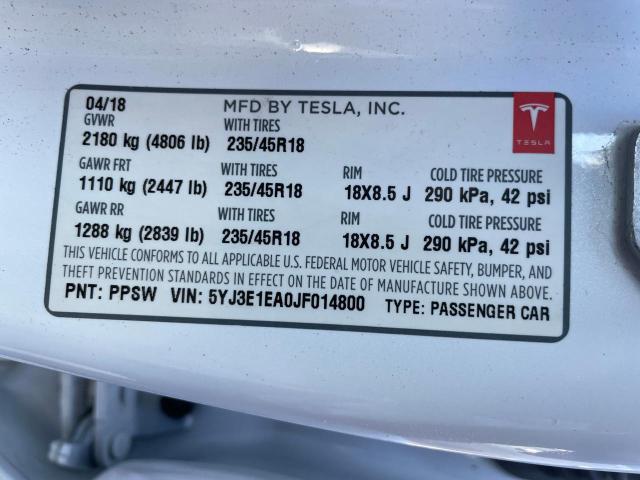 Photo 10 from auction – 2018 TESLA MODEL 3 with VIN 5YJ3E1EA0JF014800