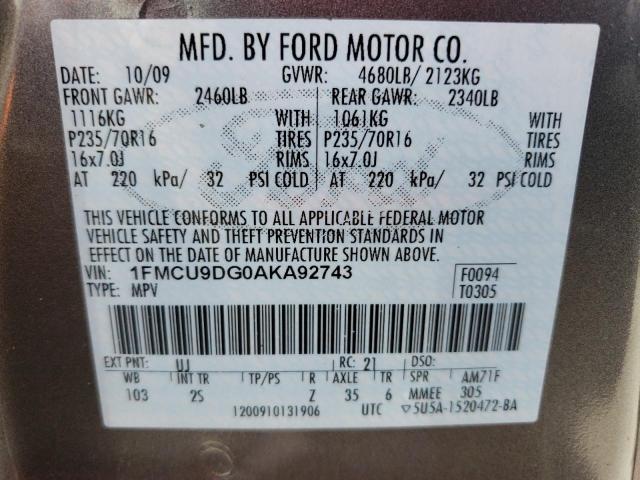 Photo 14 from auction – 2010 FORD ESCAPE XLT with VIN 1FMCU9DG0AKA92743