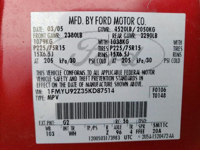 Photo 14 from auction – 2005 FORD ESCAPE XLS with VIN 1FMYU92Z35KD87514