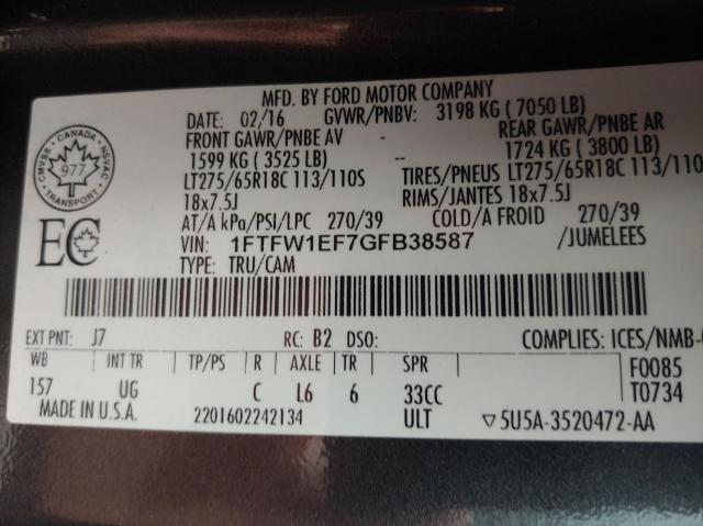 Photo 10 from auction – 2016 FORD F150 SUPER with VIN 1FTFW1EF7GFB38587