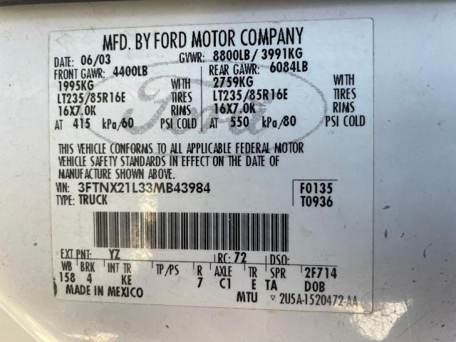 Photo 10 from auction – 2003 FORD F250 SUPER with VIN 3FTNX21L33MB43984