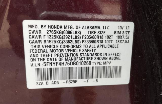 Photo 10 from auction – 2013 HONDA PILOT EXLN with VIN 5FNYF4H76DB010260