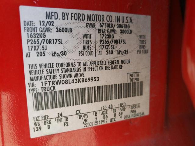 Photo 10 from auction – 2003 FORD F150 SUPER with VIN 1FTRW08L43KB69953