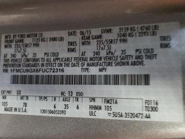 Photo 14 from auction – 2015 FORD ESCAPE SE with VIN 1FMCU9GX6FUC72316