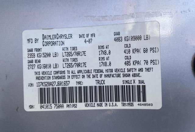 Photo 10 from auction – 2007 DODGE RAM 2500 S with VIN 1D7KS28A27J601657