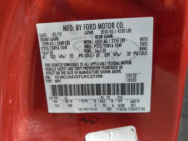 Photo 14 from auction – 2012 FORD ESCAPE XLT with VIN 1FMCU0DG7CKC27358