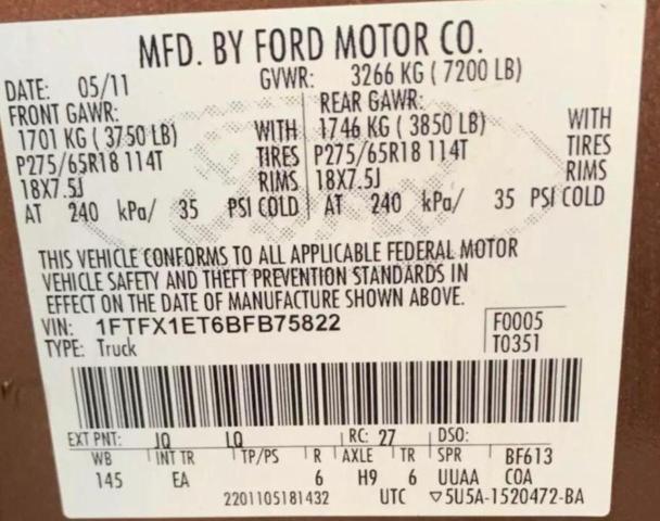 Photo 10 from auction – 2011 FORD F150 SUPER with VIN 1FTFX1ET6BFB75822
