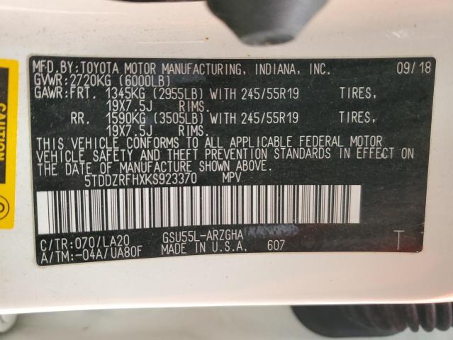 Photo 14 from auction – 2019 TOYOTA HIGHLANDER with VIN 5TDDZRFHXKS923370