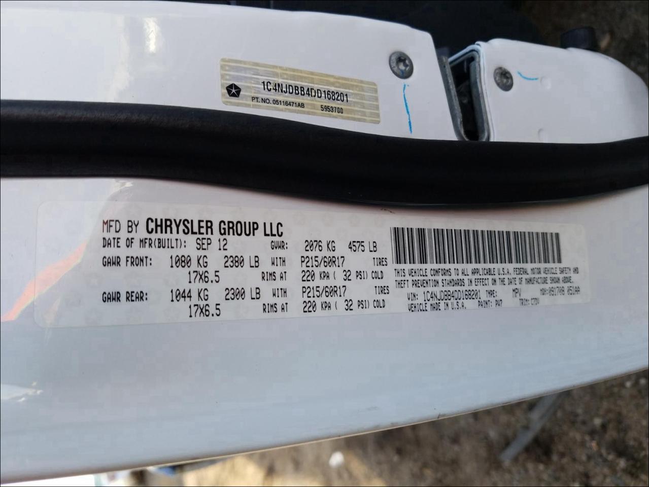 Photo 10 from auction – 2013 JEEP COMPASS SP with VIN 1C4NJDBB4DD168201