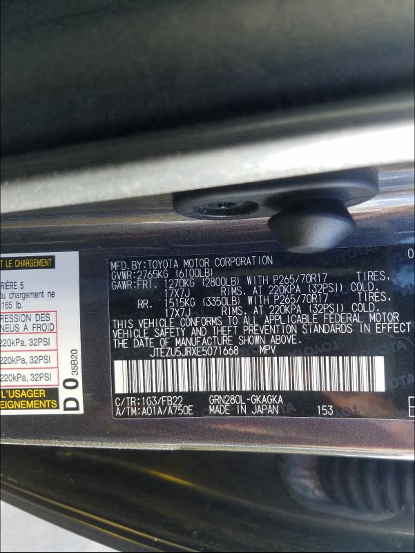 Photo 10 from auction – 2014 TOYOTA 4RUNNER SR with VIN JTEZU5JRXE5071668