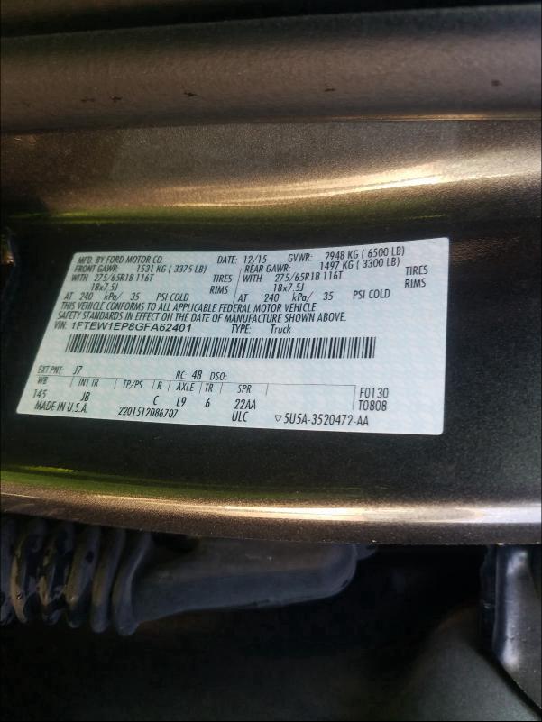 Photo 10 from auction – 2016 FORD F150 SUPER with VIN 1FTEW1EP8GFA62401