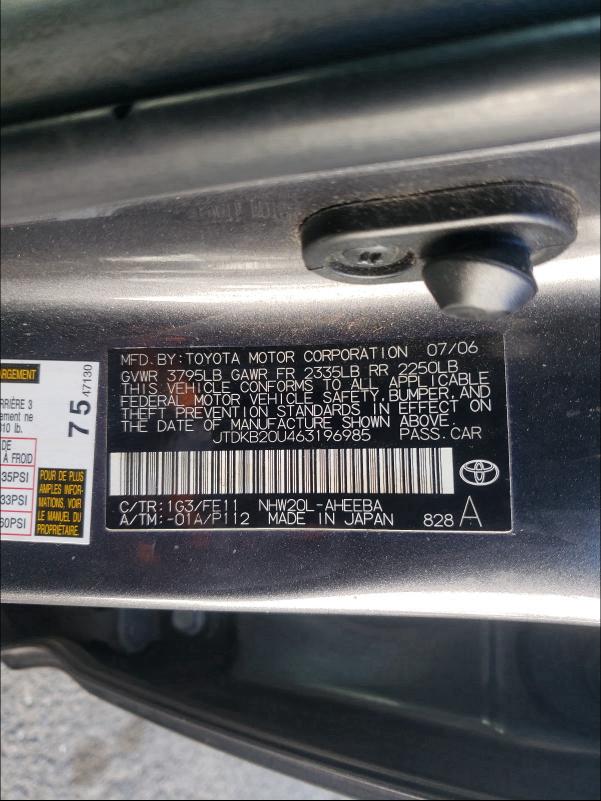 Photo 10 from auction – 2006 TOYOTA PRIUS with VIN JTDKB20U463196985