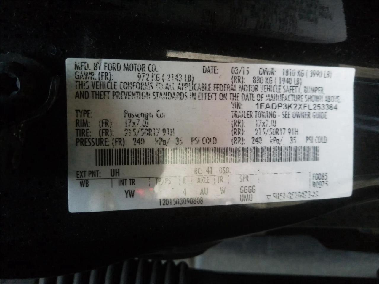 Photo 10 from auction – 2015 FORD FOCUS SE with VIN 1FADP3K2XFL253384