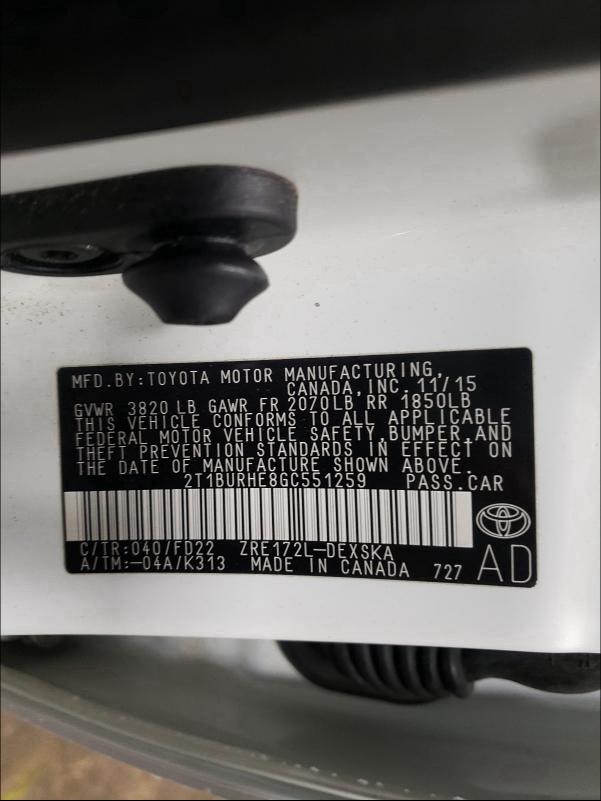 Photo 10 from auction – 2016 TOYOTA COROLLA L with VIN 2T1BURHE8GC551259