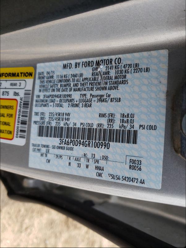 Photo 10 from auction – 2016 FORD FUSION TIT with VIN 3FA6P0D94GR100990