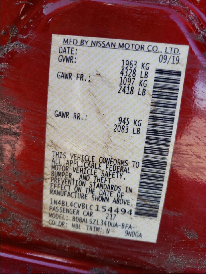 Photo 10 from auction – 2020 NISSAN ALTIMA SR with VIN 1N4BL4CV8LC154494