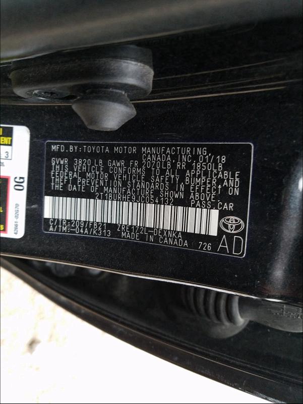Photo 10 from auction – 2018 TOYOTA COROLLA L with VIN 2T1BURHE9JC054132