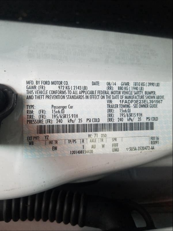 Photo 10 from auction – 2014 FORD FOCUS S with VIN 1FADP3E23EL391567