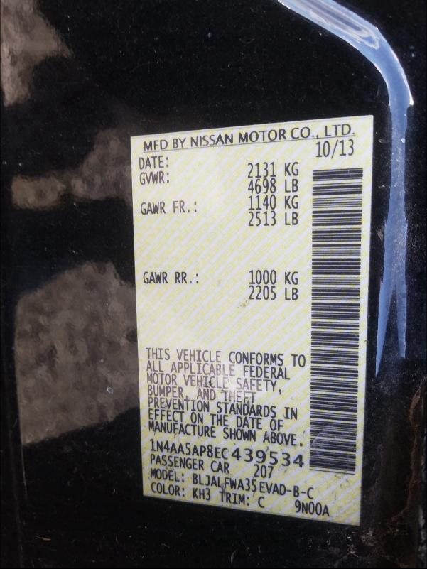 Photo 10 from auction – 2014 NISSAN MAXIMA S with VIN 1N4AA5AP8EC439534