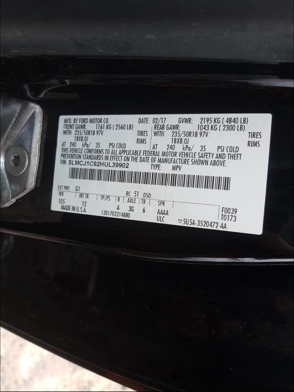 Photo 10 from auction – 2017 LINCOLN MKC PREMIE with VIN 5LMCJ1C92HUL39902