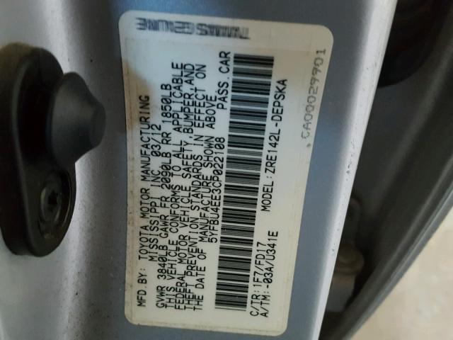 Photo 10 from auction – 2012 TOYOTA COROLLA BA with VIN 5YFBU4EE3CP022108