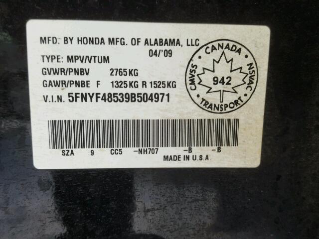 Photo 10 from auction – 2009 HONDA PILOT EXL with VIN 5FNYF48539B504971