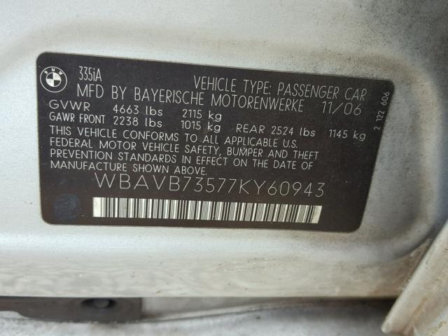 Photo 10 from auction – 2007 BMW 335 I with VIN WBAVB73577KY60943
