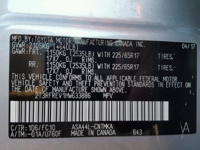 Photo 10 from auction – 2017 TOYOTA RAV4 XLE with VIN 2T3RFREV1HW633886