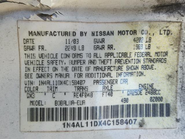 Photo 10 from auction – 2004 NISSAN ALTIMA BAS with VIN 1N4AL11DX4C158407