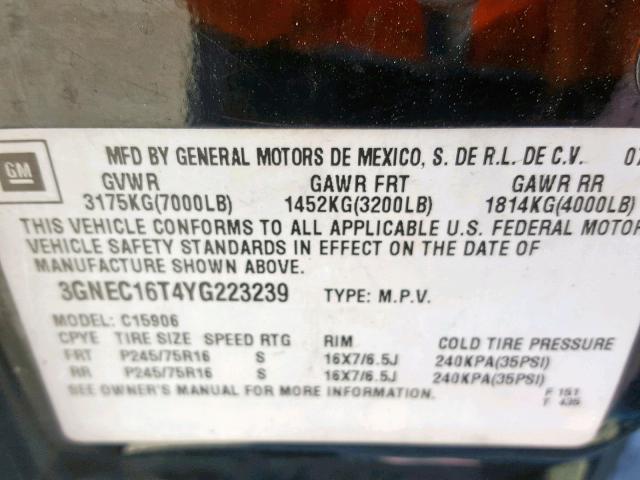 Photo 10 from auction – 2000 CHEVROLET SUBURBAN C with VIN 3GNEC16T4YG223239