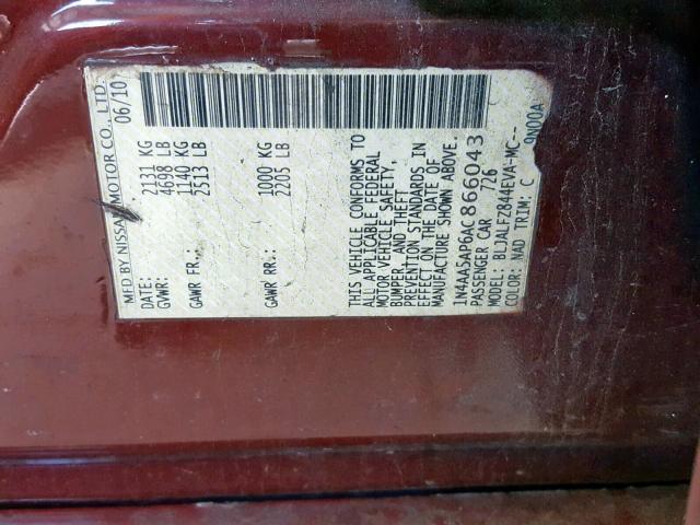 Photo 10 from auction – 2010 NISSAN MAXIMA S with VIN 1N4AA5AP6AC866043