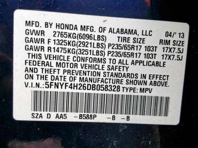 Photo 10 from auction – 2013 HONDA PILOT LX with VIN 5FNYF4H26DB058328