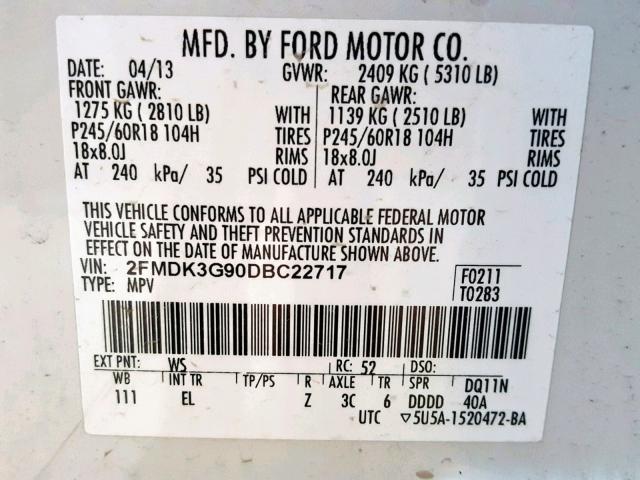 Photo 10 from auction – 2013 FORD EDGE SE with VIN 2FMDK3G90DBC22717